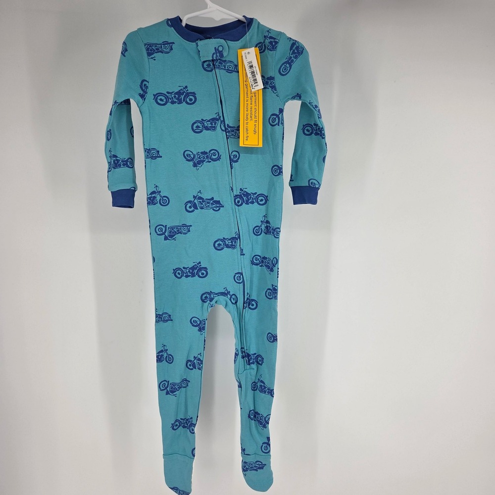Amazon Essentials Kids Blue Motorcycle Print Cotton Footed Sleeper Pajama 18-24M
